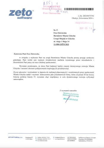 L.Dz. 2024/0475/NJ  Olsztyn, 26 kwietnia 2024 r.   Sz. P.  Ewa Ostrowska  Burmistrz Miasta Giżycka  Urząd Miejski w Giżycku  ul. Aleja 1 Maja 14  11-500 GIŻYCKO  Szanowna Pani Ewa Ostrowska,  w związk